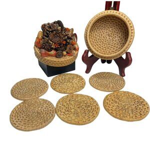 Vtg Set of 6 Wicker Rattan Fall Holiday Drink Coasters & Basket Holder W/ Lid